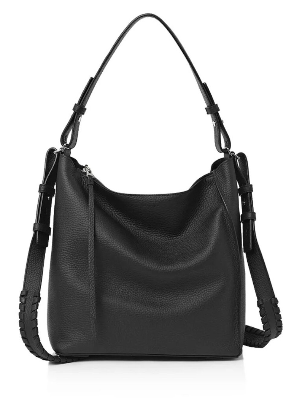 AllSaints Kita Black Pebbled Leather Shoulder Bag with Pouch